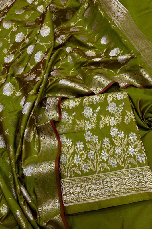 Elegant Green Banarasi Silk Three Piece Unstitched Suit Set: Timeless Beauty for Every Occasion - Luxurion World