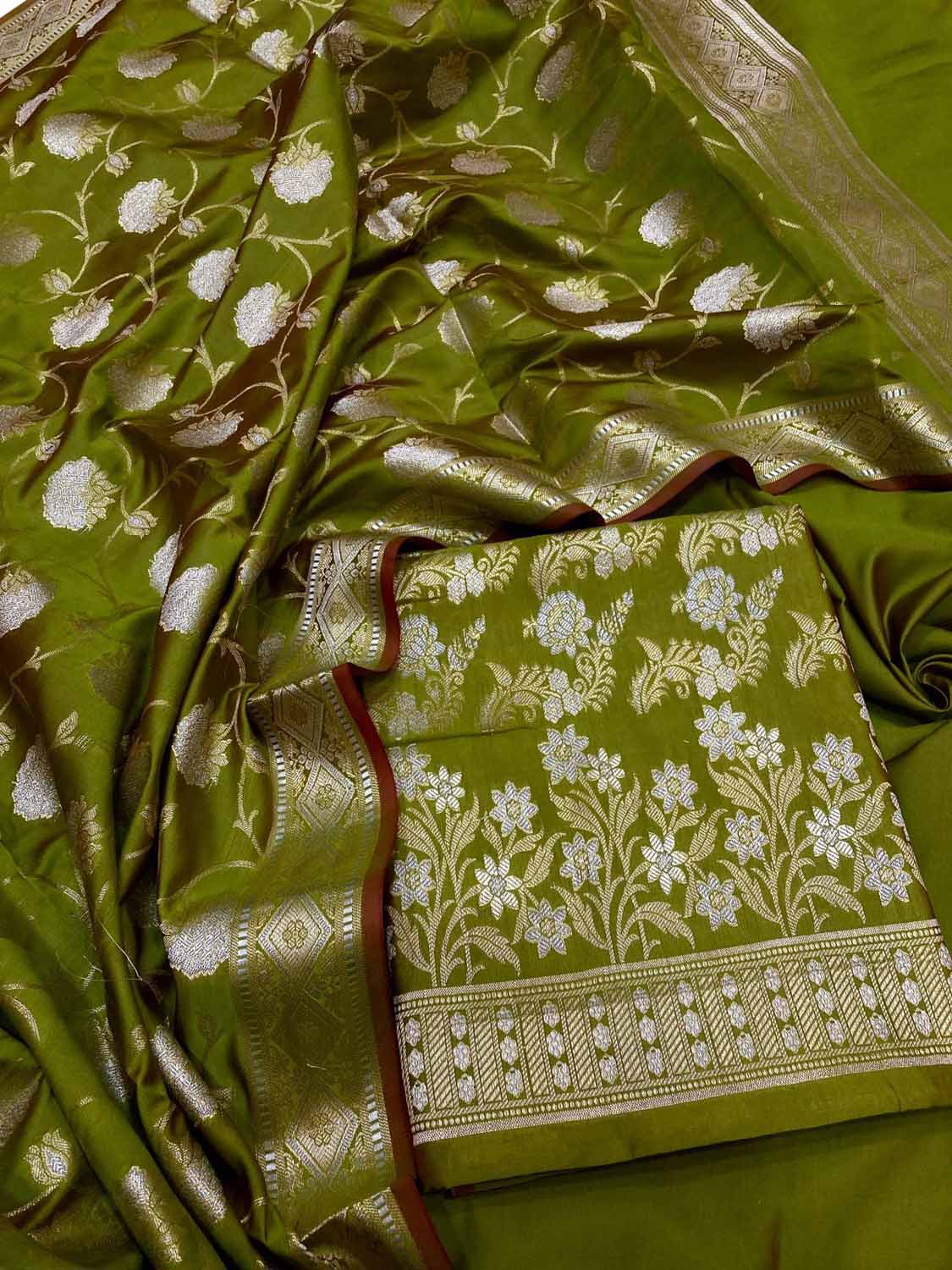 Elegant Green Banarasi Silk Three Piece Unstitched Suit Set: Timeless Beauty for Every Occasion - Luxurion World
