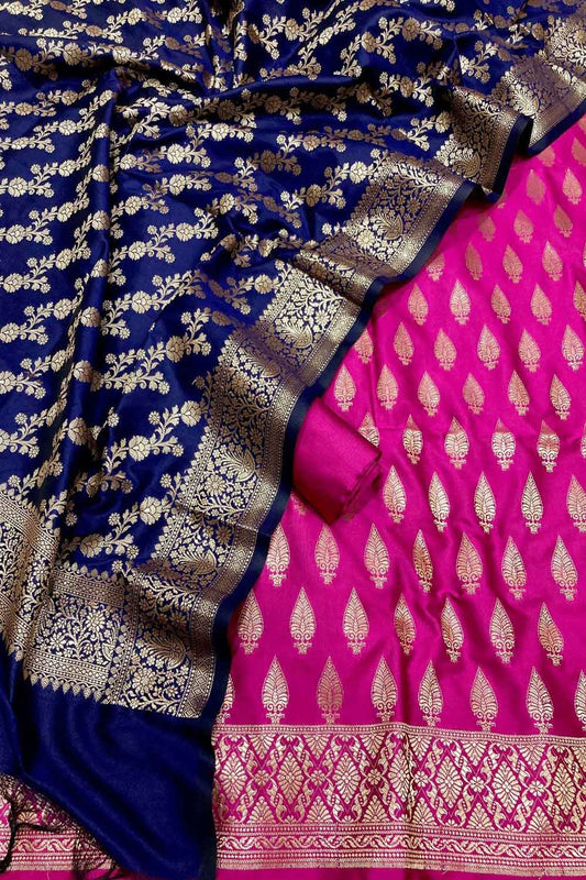 Elegant Pink and Blue Banarasi Silk Three Piece Unstitched Suit Set: A Perfect Blend of Tradition and Style - Luxurion World