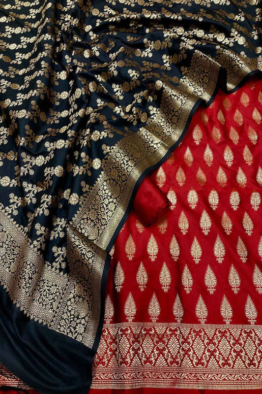 Elegant Red & Black Banarasi Silk Three Piece Unstitched Suit Set : Timeless Beauty