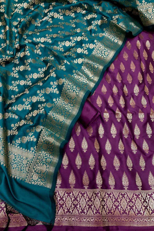 Elegant Purple and Blue Banarasi Silk Three Piece Unstitched Suit Set: A Perfect Blend of Tradition and Style - Luxurion World