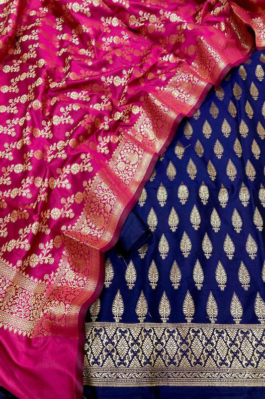 Stunning Blue and Pink Banarasi Silk Three Piece Unstitched Suit Set : A Perfect Blend of Elegance and Style - Luxurion World