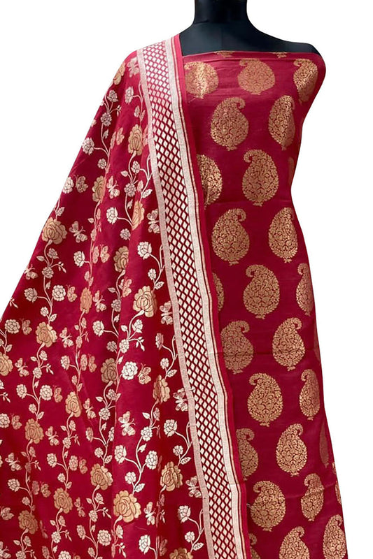 Elegant Red Banarasi Handloom Pure Moonga Silk Suit Set - Luxurion World