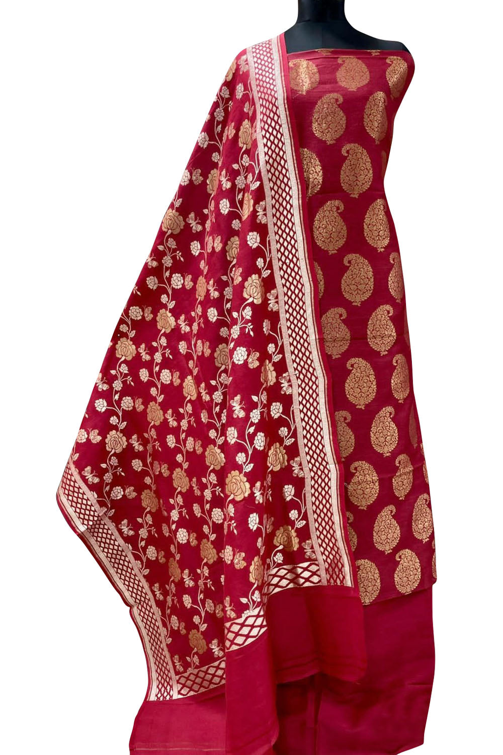 Elegant Red Banarasi Handloom Pure Moonga Silk Suit Set - Luxurion World