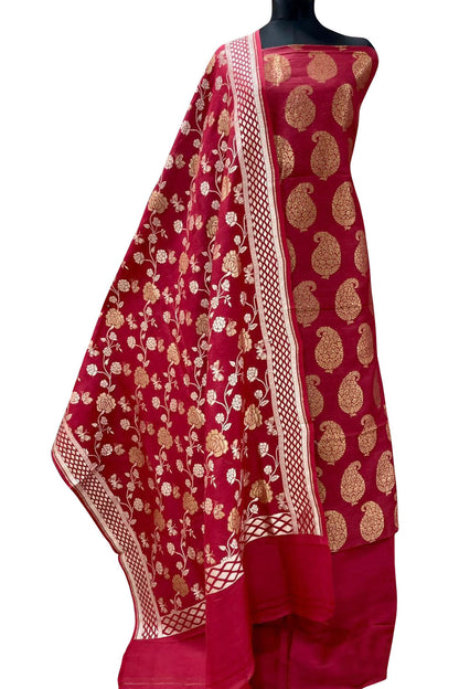 Elegant Red Banarasi Handloom Pure Moonga Silk Suit Set - Luxurion World