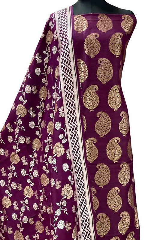 Elegant Purple Banarasi Moonga Silk Unstitched Suit Set
