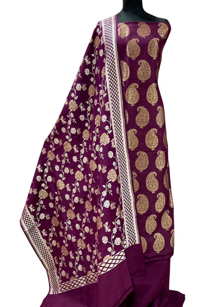 Elegant Purple Banarasi Moonga Silk Unstitched Suit Set - Luxurion World
