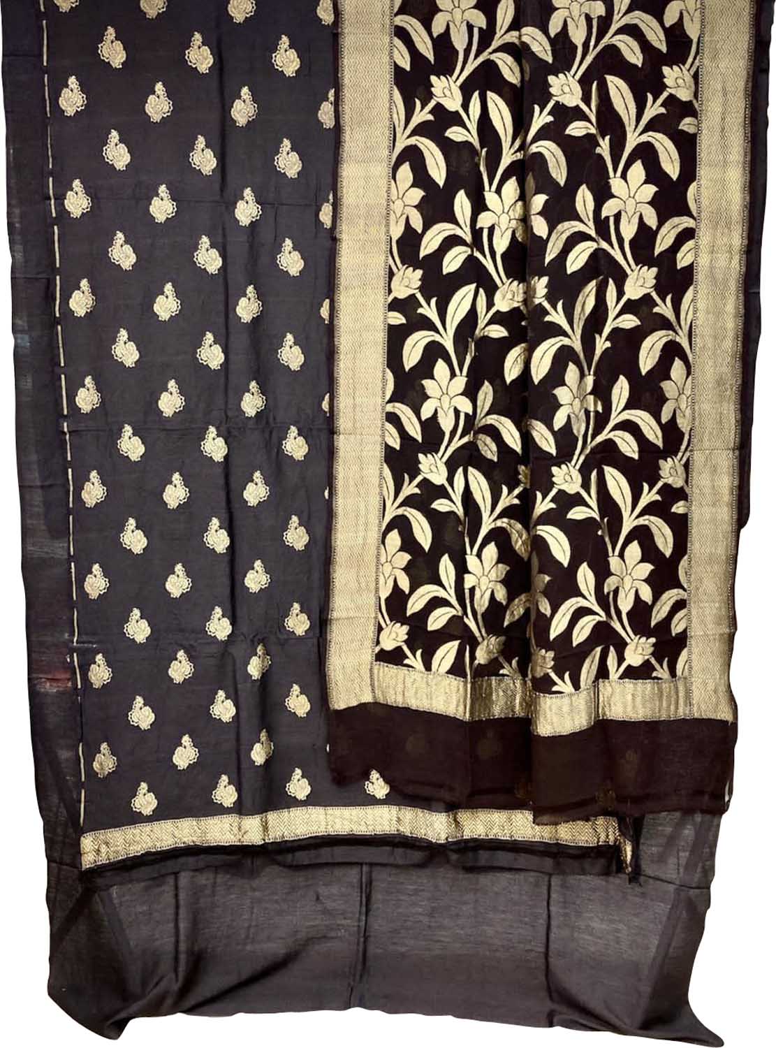 Black Banarasi Handloom Pure Moonga Silk Unstitched Suit Set - Luxurion World