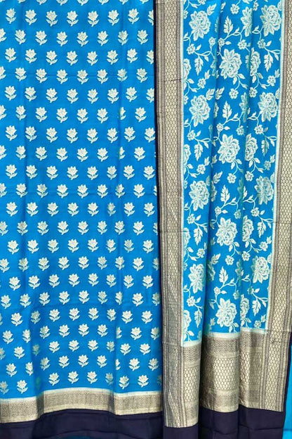 Exquisite Blue Banarasi Handloom Pure Moonga Silk Unstitched Suit Set - Luxurion World