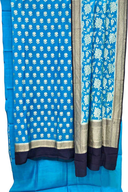 Exquisite Blue Banarasi Handloom Pure Moonga Silk Unstitched Suit Set - Luxurion World