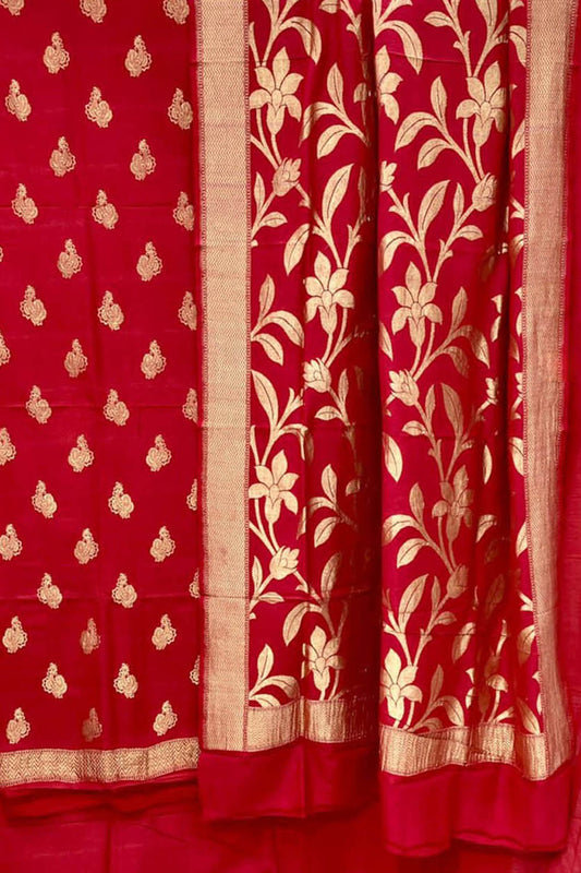 Elegant Red Banarasi Handloom Pure Moonga Silk Suit Set - Luxurion World