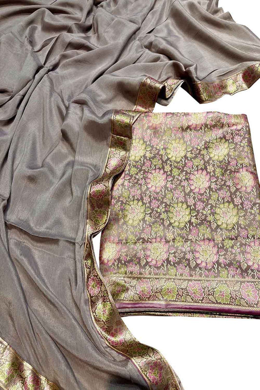 Elegant Grey Banarasi Silk Suit Set - Luxurion World