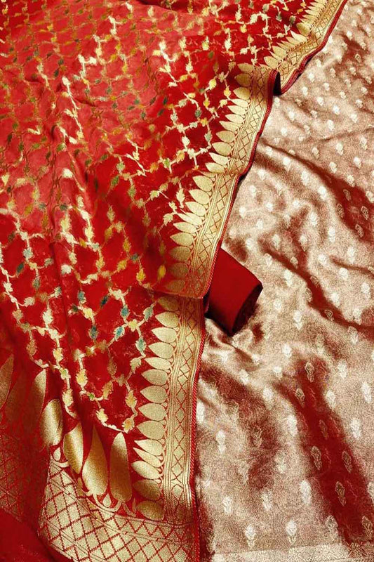 Elegant Red Banarasi Silk Suit with Georgette Dupatta - Luxurion World