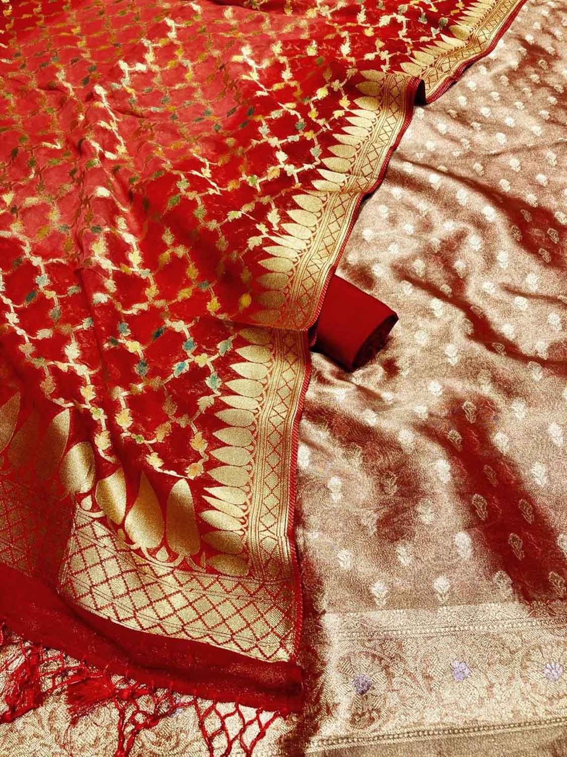 Elegant Red Banarasi Silk Suit with Georgette Dupatta - Luxurion World