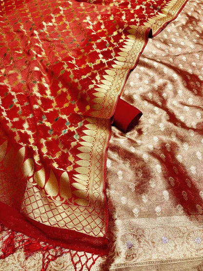 Elegant Red Banarasi Silk Suit with Georgette Dupatta - Luxurion World
