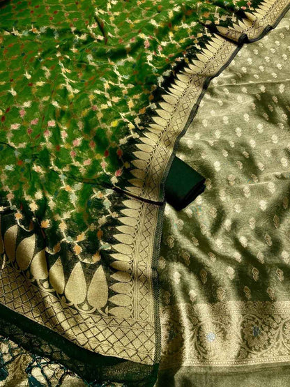 Green Banarasi Tissue Silk Suit with Georgette Dupatta - Luxurion World