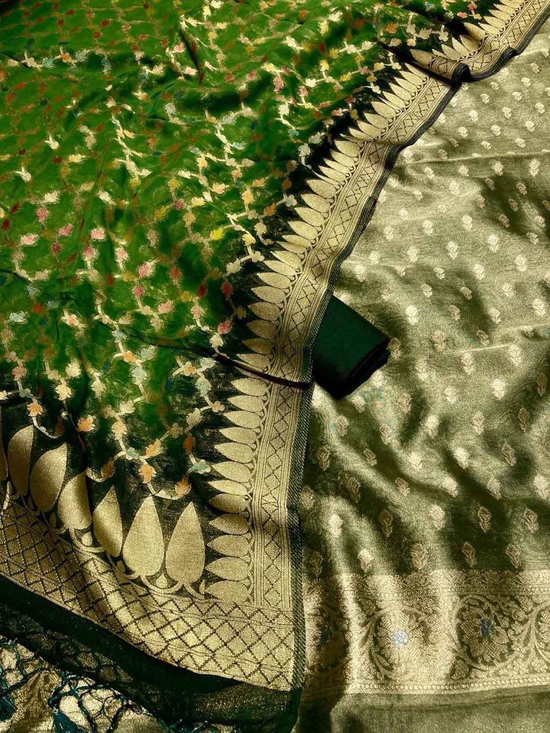 Green Banarasi Tissue Silk Suit with Georgette Dupatta - Luxurion World