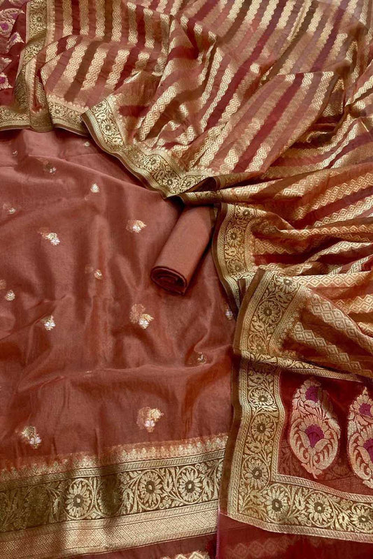 Elegant Brown Banarasi Organza Silk Suit Set