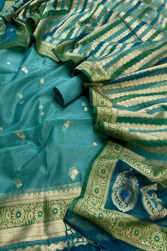 Elegant Blue Banarasi Organza Silk Suit Set - Luxurion World