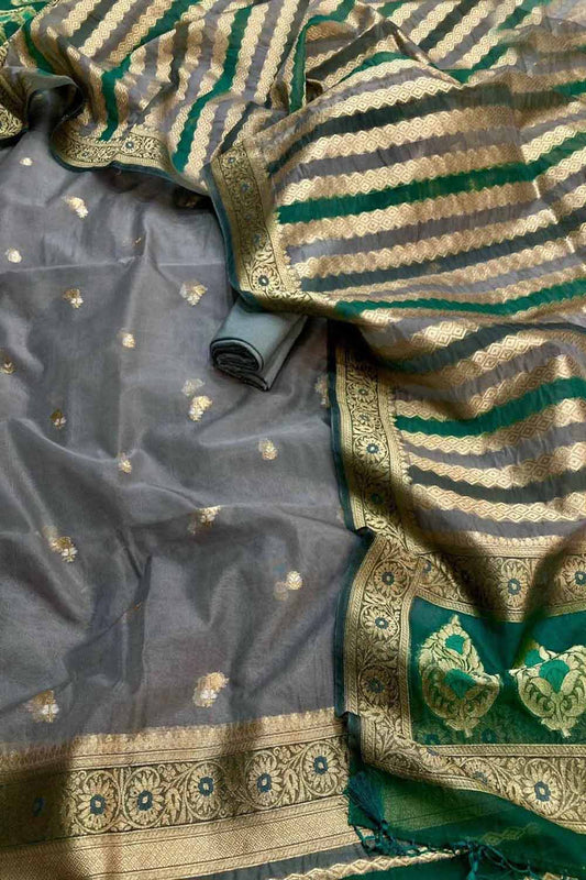 Elegant Grey Banarasi Organza Silk Suit Set - Luxurion World