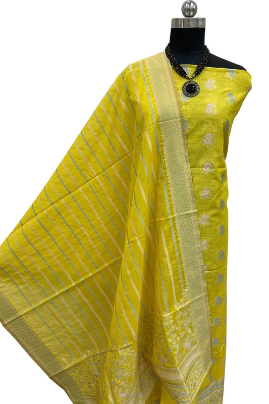 Yellow Banarasi Cotton Three Piece Unstitched Suit Set