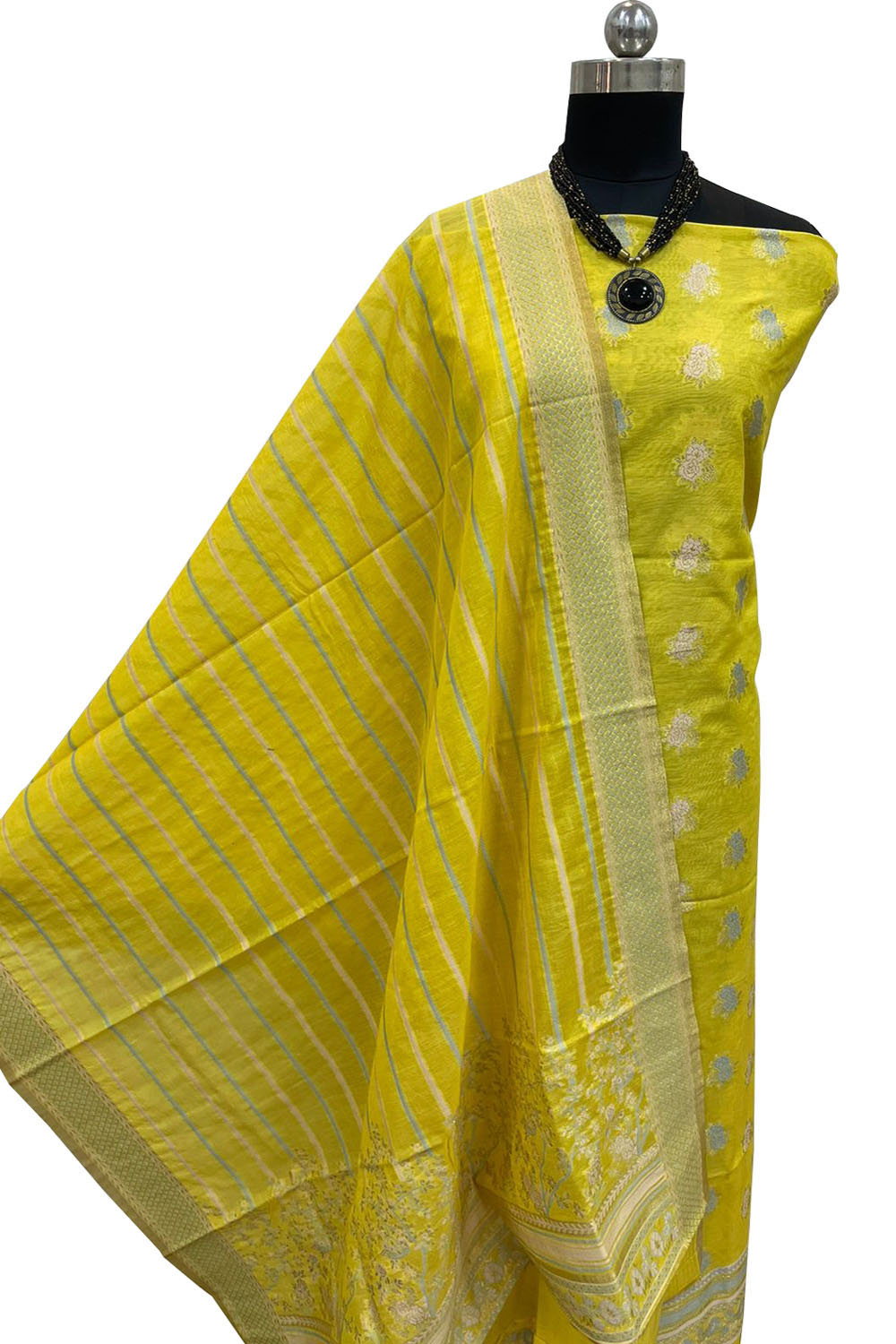 Yellow Banarasi Cotton Three Piece Unstitched Suit Set - Luxurion World