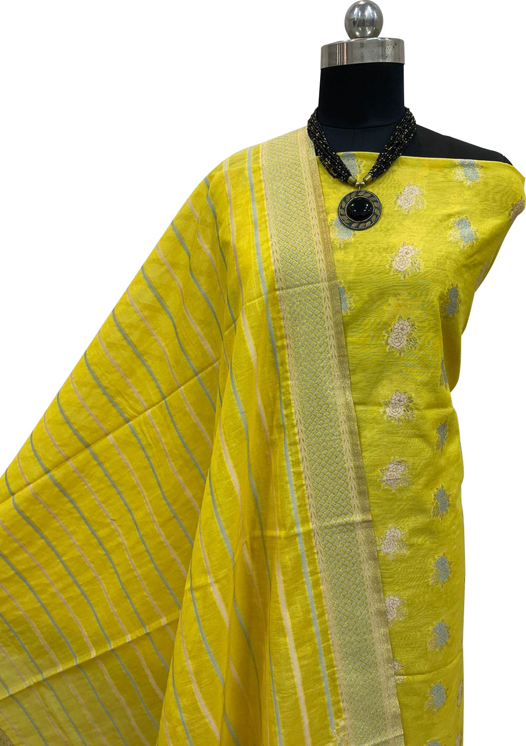 Yellow Banarasi Cotton Three Piece Unstitched Suit Set - Luxurion World