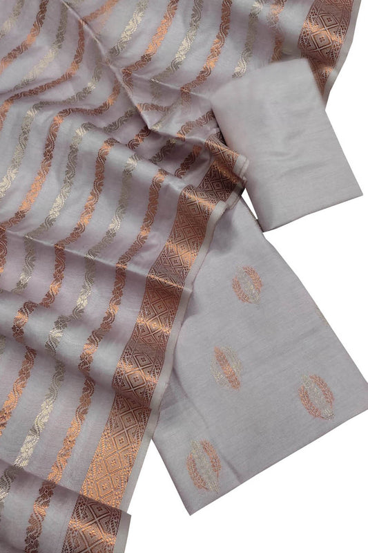 Off White Banarasi Cotton Silk Three Piece Unstitched Suit Set - Luxurion World