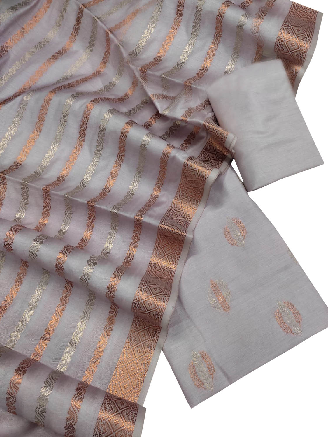 Off White Banarasi Cotton Silk Three Piece Unstitched Suit Set - Luxurion World