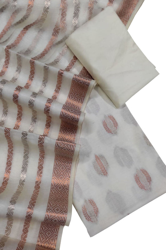Off White Banarasi Cotton Silk Three Piece Unstitched Suit Set - Luxurion World