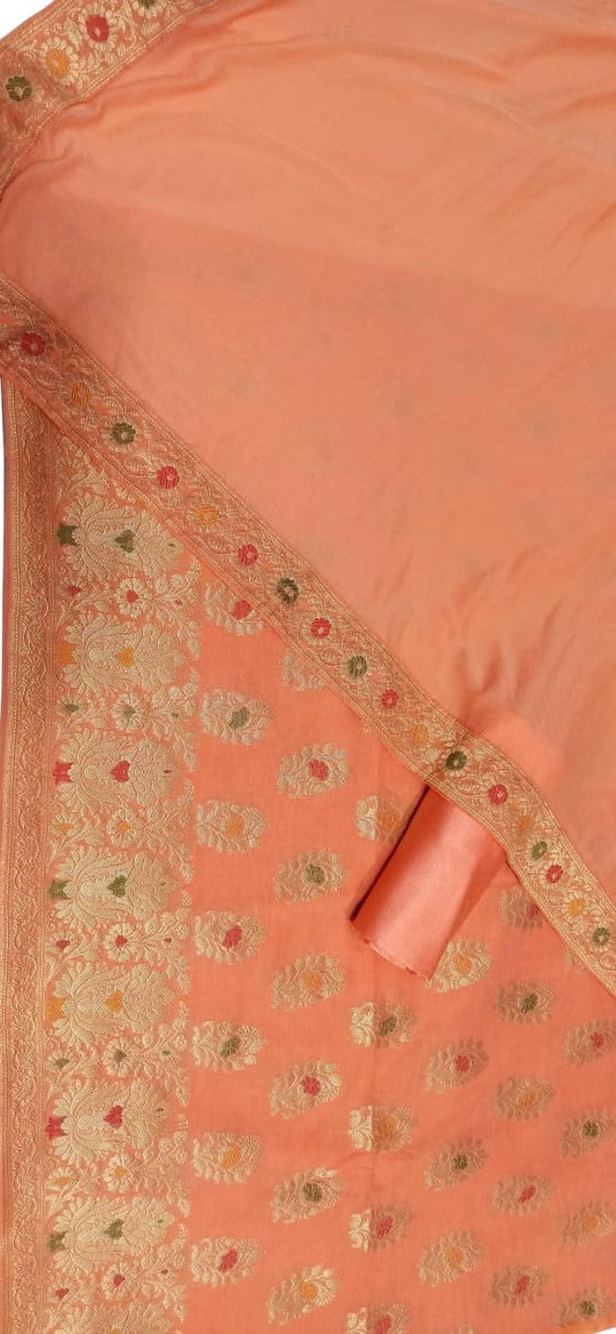 Orange Banarasi Cotton Meenakari Three Piece Unstitched Suit Set With Georgette Silk Dupatta - Luxurion World