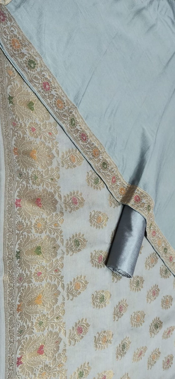Grey Banarasi Cotton Meenakari Three Piece Unstitched Suit Set With Georgette Silk Dupatta - Luxurion World