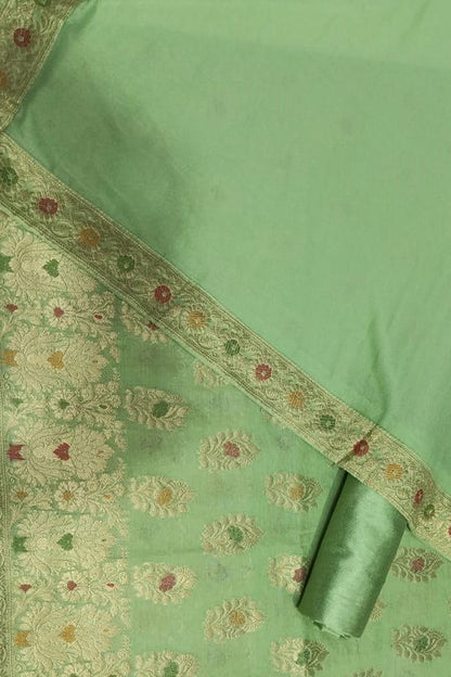 Green Banarasi Cotton Meenakari Three Piece Unstitched Suit Set With Georgette Silk Dupatta