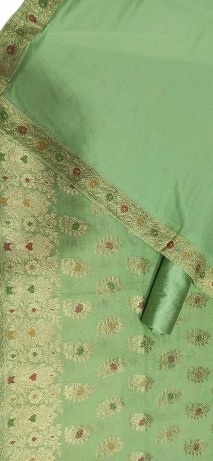 Green Banarasi Cotton Meenakari Three Piece Unstitched Suit Set With Georgette Silk Dupatta
