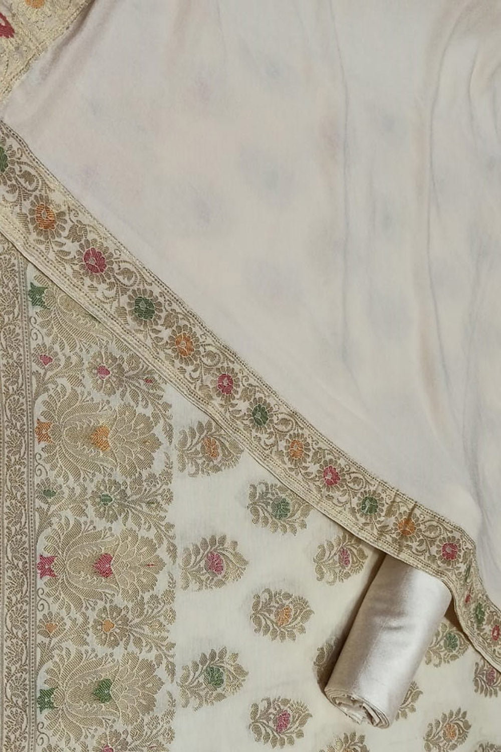 Pastel Banarasi Cotton Meenakari Three Piece Unstitched Suit Set With Georgette Silk Dupatta - Luxurion World