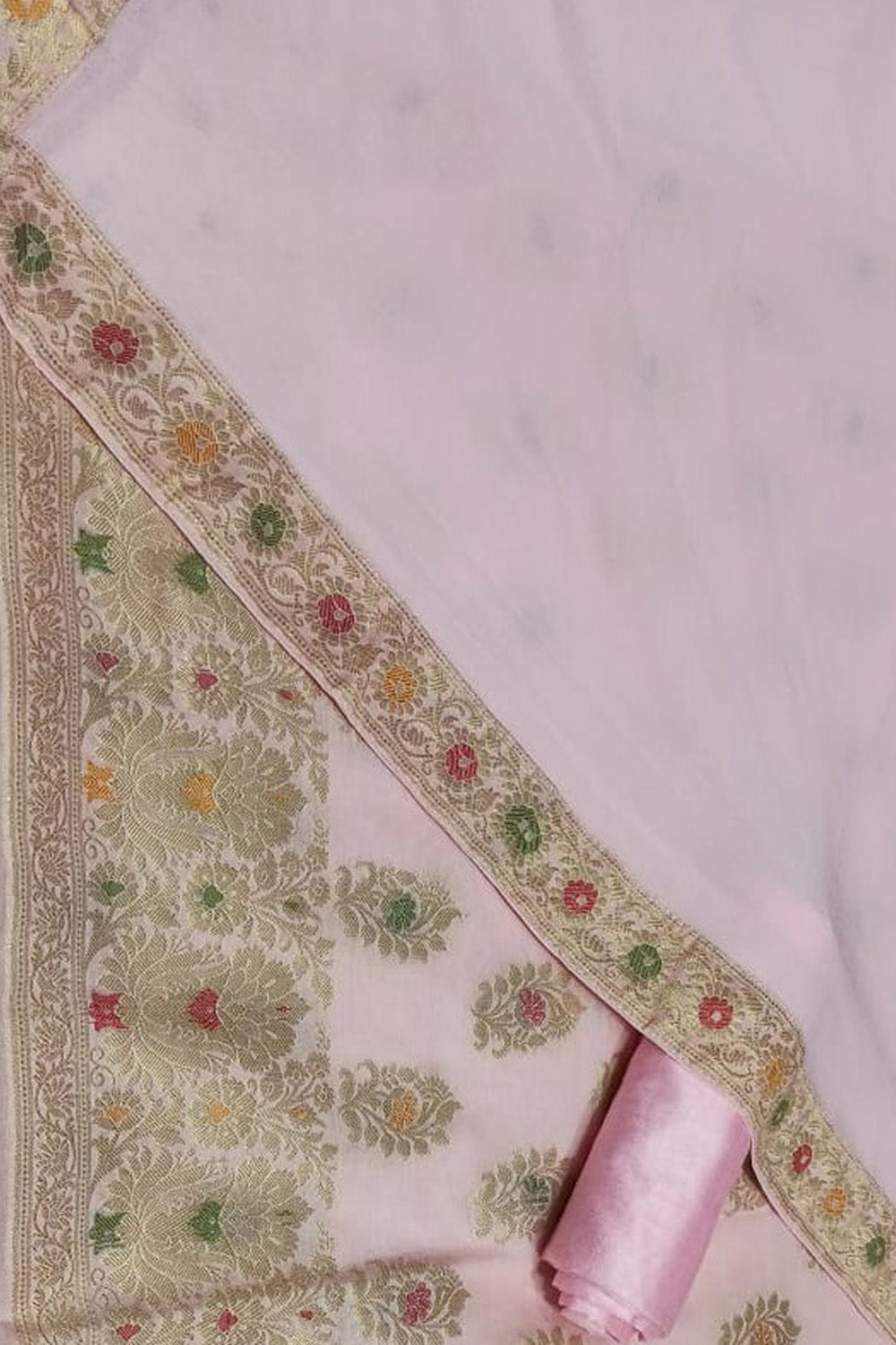 Pink Banarasi Cotton Meenakari Three Piece Unstitched Suit Set With Georgette Silk Dupatta - Luxurion World