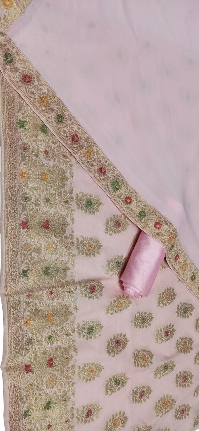 Pink Banarasi Cotton Meenakari Three Piece Unstitched Suit Set With Georgette Silk Dupatta - Luxurion World