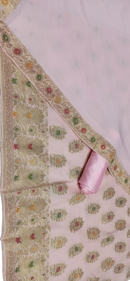 Pink Banarasi Cotton Meenakari Three Piece Unstitched Suit Set With Georgette Silk Dupatta - Luxurion World