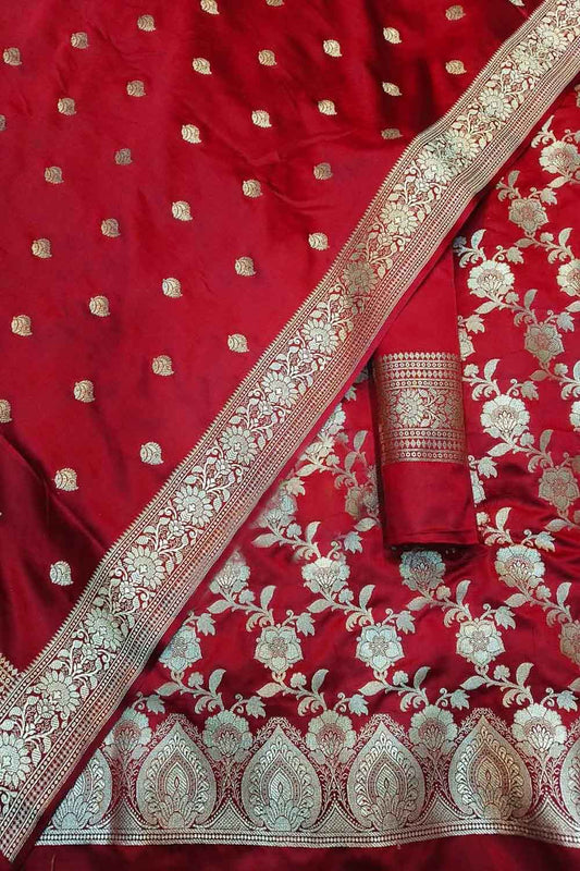 Elegant Red Banarasi Silk Three Piece Unstitched Suit Set - Luxurion World