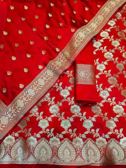 Elegant Red Banarasi Silk Three Piece Unstitched Suit Set - Luxurion World