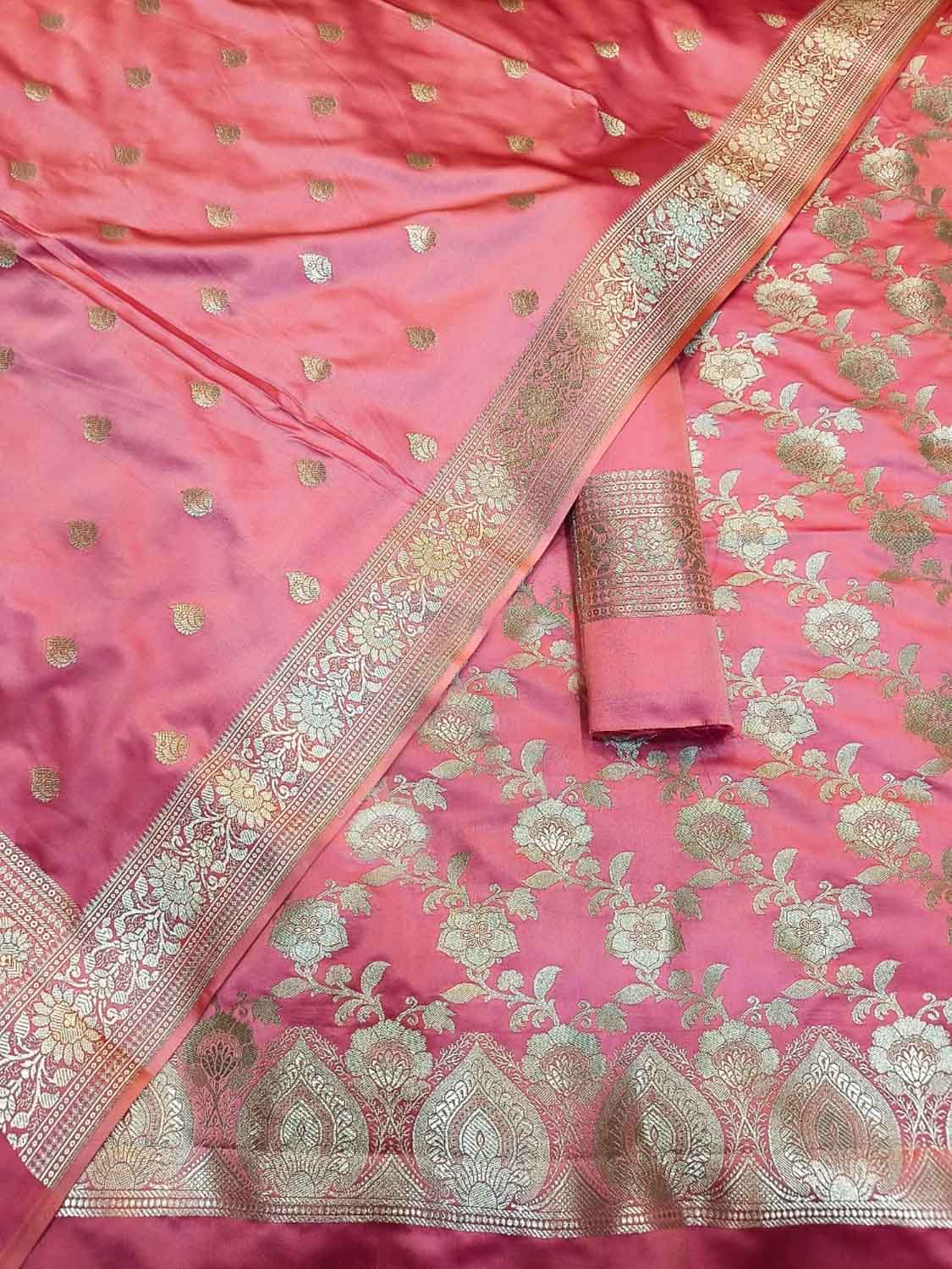 Elegant Pink Banarasi Silk Three Piece Unstitched Suit Set - Luxurion World