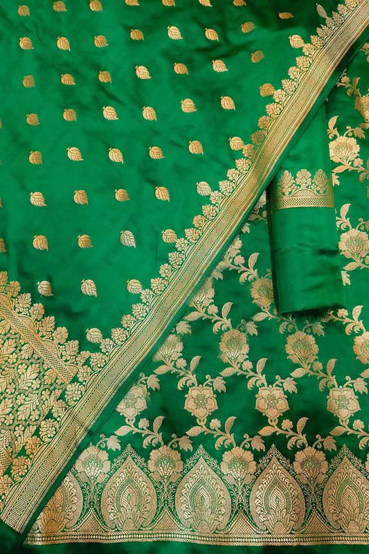 Elegant Green Banarasi Silk Three Piece Unstitched Suit Set