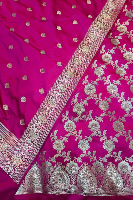 Elegant Pink Banarasi Silk Three Piece Unstitched Suit Set - Luxurion World