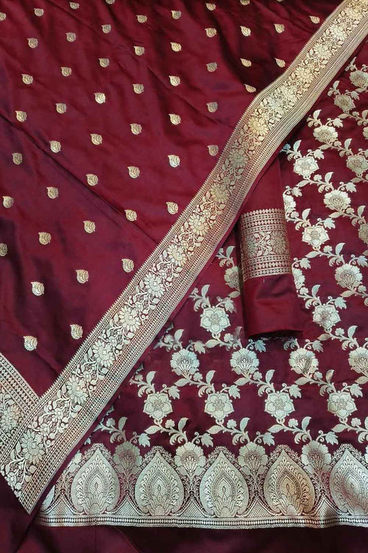 Elegant Maroon Banarasi Silk Three Piece Unstitched Suit Set - Luxurion World