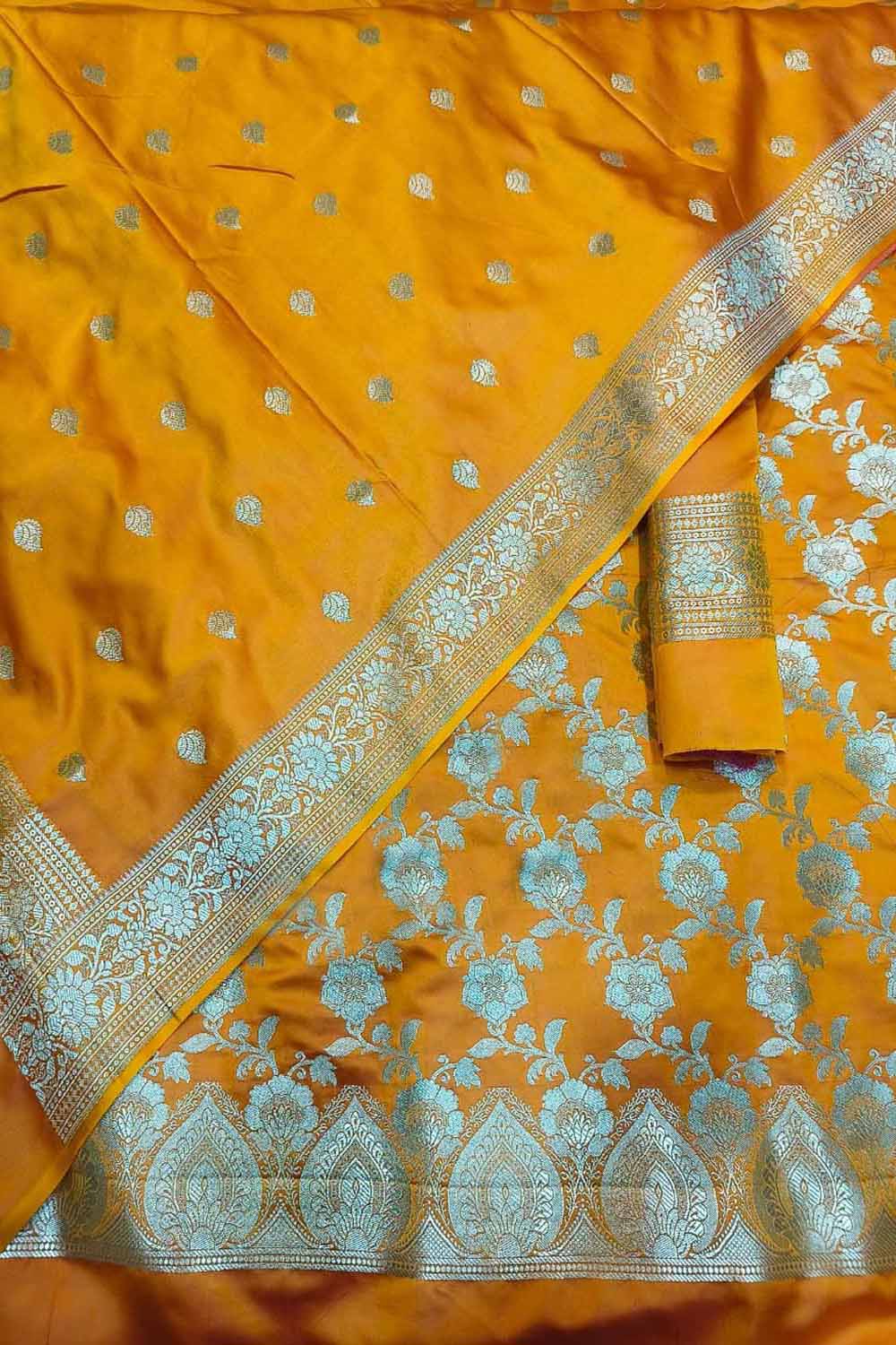Yellow Banarasi Silk 3-Piece Unstitched Suit Set - Luxurion World