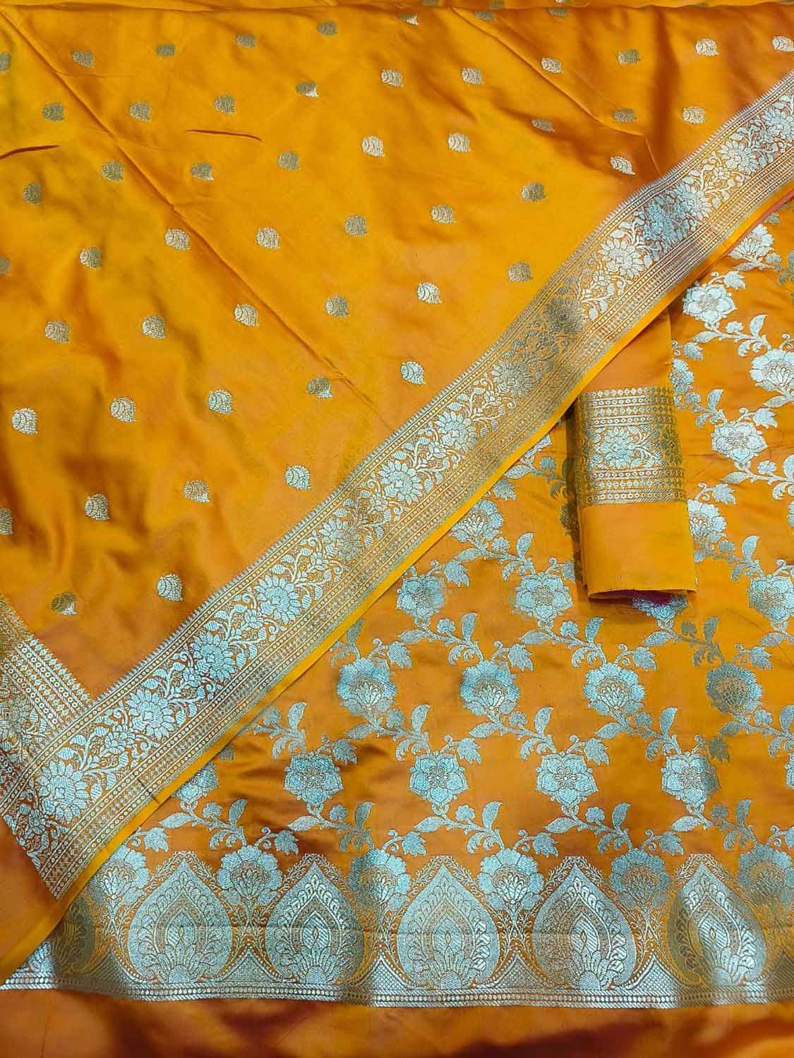 Yellow Banarasi Silk 3-Piece Unstitched Suit Set - Luxurion World
