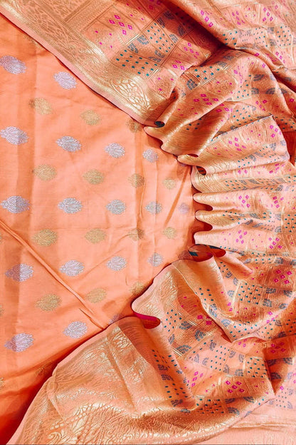 Orange Banarasi Silk Three Piece Unstitched Suit Set With Meenakari Dupatta - Luxurion World