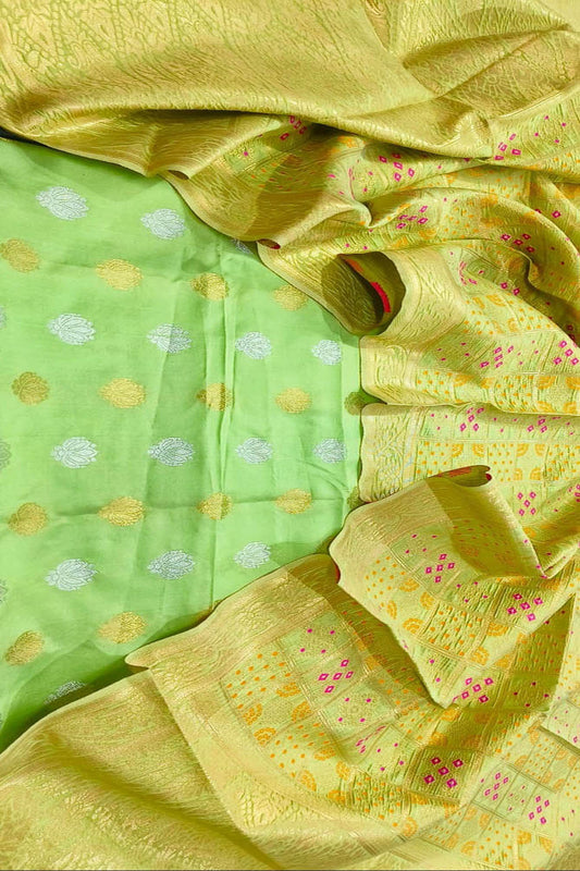 Green Banarasi Silk Three Piece Unstitched Suit Set With Meenakari Dupatta