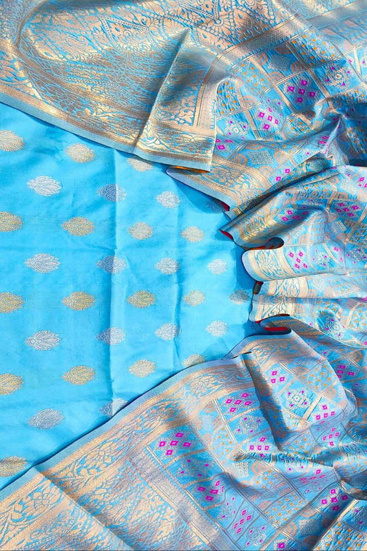 Blue Banarasi Silk Three Piece Unstitched Suit Set With Meenakari Dupatta - Luxurion World