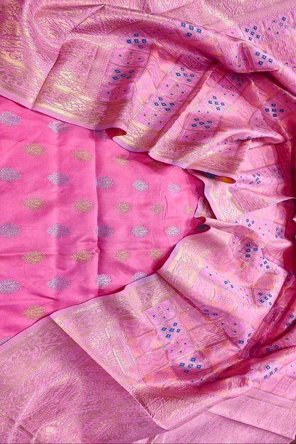 Pink Banarasi Silk Three Piece Unstitched Suit Set With Meenakari Dupatta - Luxurion World